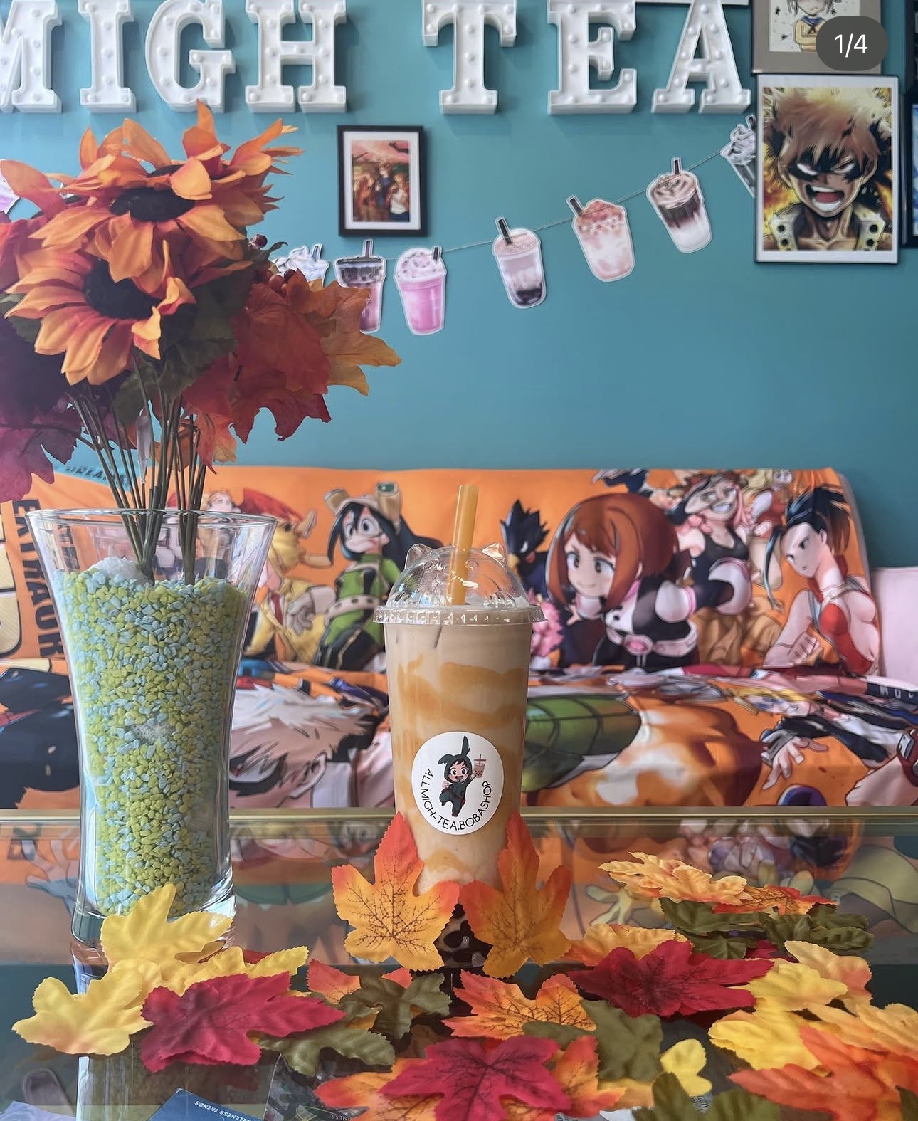 Cozy anime-themed shop interior with fall decor