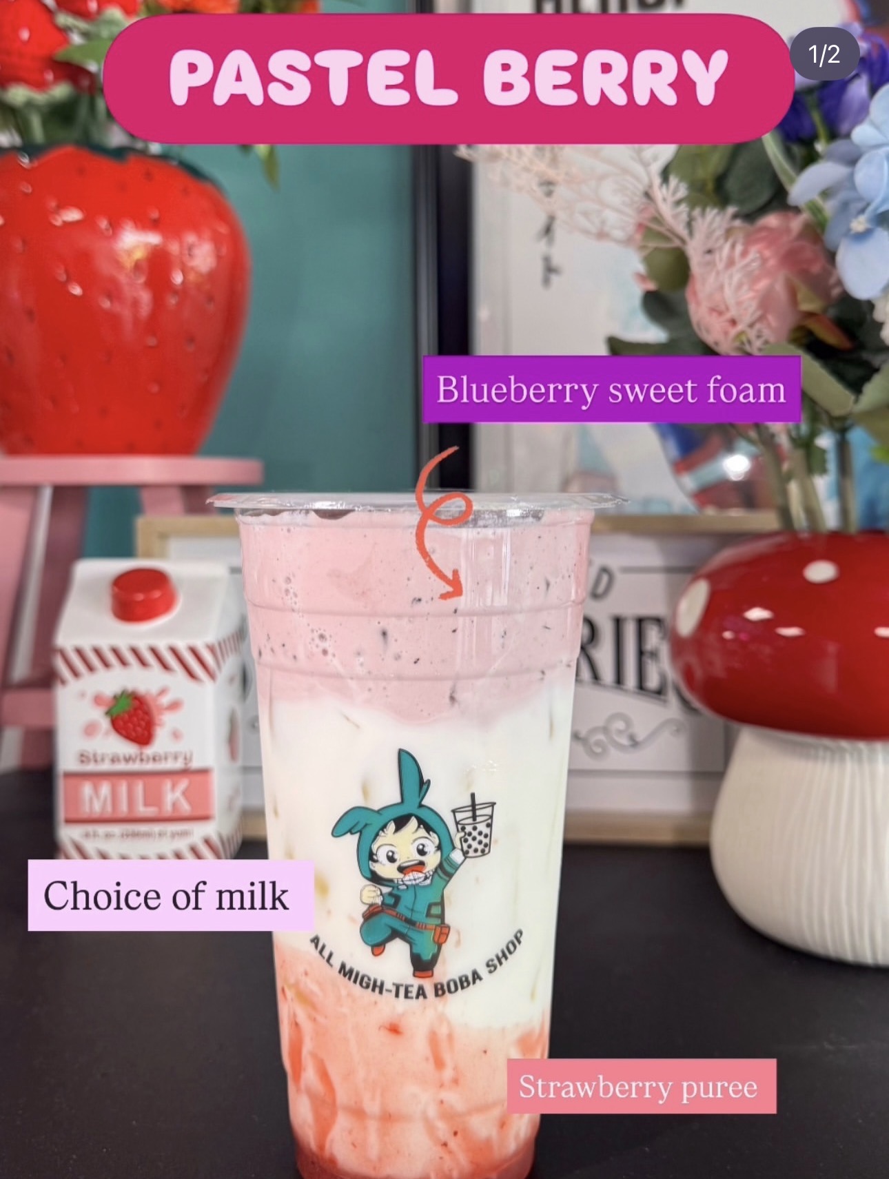 Pastel Berry drink with strawberry puree and blueberry sweet foam